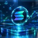 Symbole Solana en hologramme 3D devant un graphique de marché avec résistance et indicateurs techniques