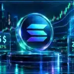 Logo Solana en 3D devant un graphique de marché avec le prix de 105 $ et des niveaux techniques lumineux