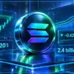 Logo Solana en 3D devant un graphique de marché affichant 120 $, une variation de -0,42 % et un volume de 2,4 milliards