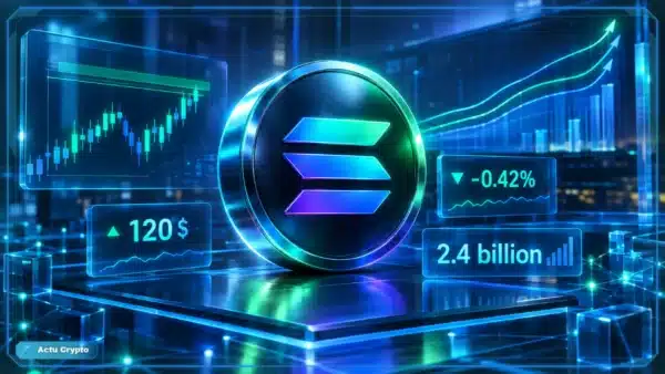Logo Solana en 3D devant un graphique de marché affichant 120 $, une variation de -0,42 % et un volume de 2,4 milliards