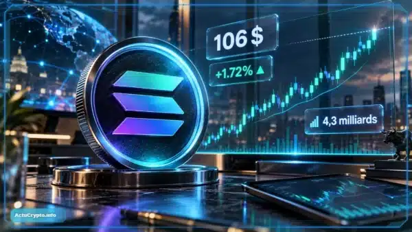 Logo Solana en 3D devant un graphique de marché avec résistance proche et indicateurs de prix