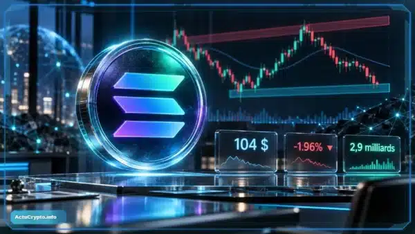 Logo Solana en 3D devant un graphique de marché montrant un support, une résistance et une baisse journalière.