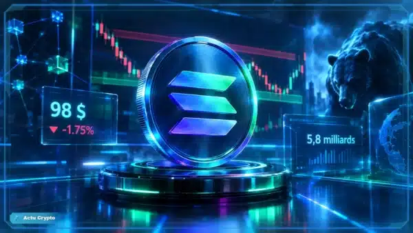 Logo Solana en 3D devant un graphique de marché montrant une baisse et des niveaux techniques