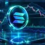 Symbole Solana en hologramme 3D au-dessus d’un graphique de trading avec résistance et indicateurs techniques.