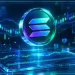 Logo Solana en hologramme 3D devant un graphique de trading montrant le niveau de 117 $ et une correction quotidienne.