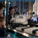 Photo réaliste d’un enfant et de son parent face à un certificat d’action encore non distribué dans un hangar spatial, tandis qu’une équipe juridique prépare un éventuel dispositif de garde.