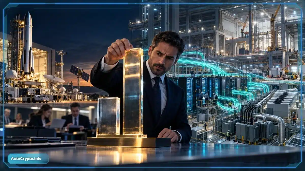 Photo réaliste d’un analyste relevant la valorisation d’une société spatiale tandis qu’un immense data center d’intelligence artificielle en expansion domine désormais son complexe industriel.