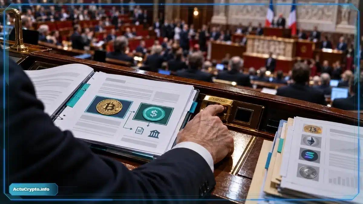 Photo réaliste d’un vote très serré à l’Assemblée nationale autour d’un dossier fiscal reliant cryptomonnaies et stablecoins, tandis que plusieurs étapes législatives restent encore à franchir.