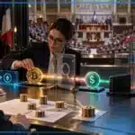 Photo réaliste d’un investisseur français convertissant du Bitcoin en stablecoin devant un contrôle fiscal encore conditionnel, tandis qu’un vote parlementaire extrêmement serré se déroule en arrière-plan.