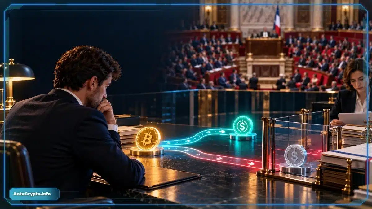 Photo réaliste d’un investisseur convertissant du Bitcoin en stablecoin devant un contrôle fiscal encore fermé, tandis qu’un vote parlementaire français extrêmement serré apparaît en arrière-plan.