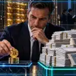 Photo réaliste d’un directeur financier ajoutant une petite acquisition Bitcoin à une réserve massive tandis qu’une somme bien plus importante sert au rachat d’actions préférentielles.