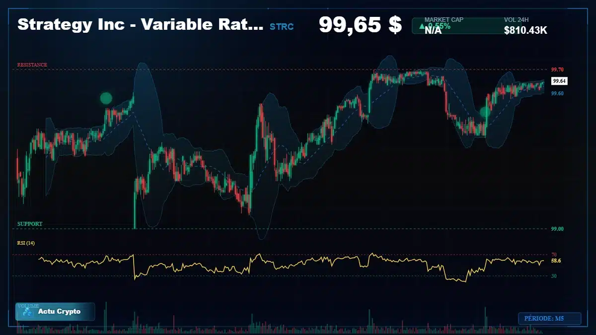 Graphique du cours Strategy Inc - Variable Rate Se (STRC) Analyse technique du cours Strategy Inc - Variable Rate Se (STRC) avec données de marché récentes