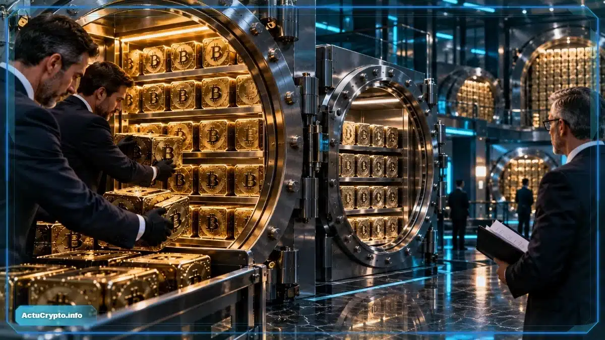 Photo réaliste d’agents ajoutant un important lot de Bitcoin à une réserve institutionnelle désormais légèrement supérieure à celle d’un concurrent, tandis que plusieurs coffres plus importants restent devant.