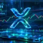 Symbole XRP holographique au-dessus d’une tablette de trading avec graphique, bandes de Bollinger et zone de résistance.