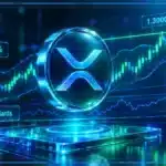 Symbole XRP holographique au-dessus d’une tablette de trading avec graphique en bougies, résistance et indicateurs de