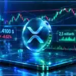 Symbole XRP en 3D devant un graphique de marché affichant un support proche de 1,41 $