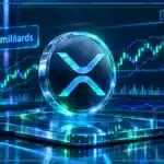 Symbole XRP en hologramme 3D devant un graphique de trading avec zones de support et résistance