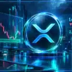 Logo XRP en 3D devant un graphique baissier, un support technique et des signaux de tension macroéconomique