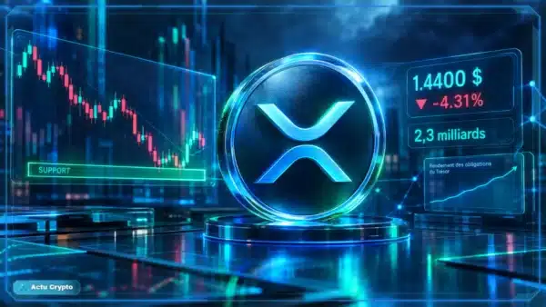 Logo XRP en 3D devant un graphique baissier, un support technique et des signaux de tension macroéconomique
