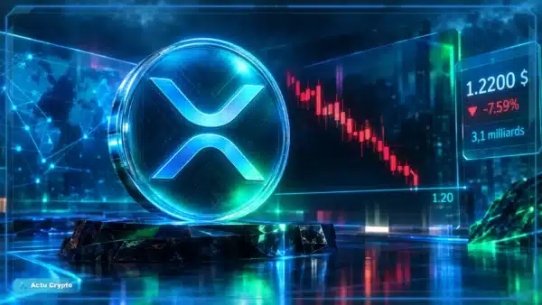 Logo XRP en 3D devant un graphique baissier montrant le prix à 1,2200 $ et un support proche de 1,20 $.