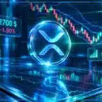 Symbole XRP holographique devant un graphique de trading montrant un support, un RSI faible et une baisse de marché