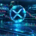 Symbole XRP holographique en trois dimensions devant un graphique baissier avec niveaux de support et de résistance
