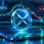 Symbole XRP en hologramme 3D devant un graphique de marché avec support, résistance et baisse quotidienne