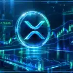 Symbole XRP en hologramme 3D devant un graphique de marché avec résistance, volume et indicateur RSI.