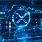 Symbole XRP en hologramme 3D devant un graphique de marché avec niveaux de support et résistance
