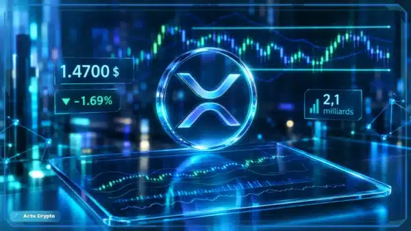 Symbole XRP en hologramme 3D devant un graphique de marché avec niveaux de support et résistance