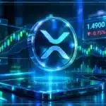 Symbole XRP holographique en 3D devant un graphique de marché montrant support, résistance et volume