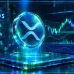 Symbole XRP en hologramme au-dessus d’une tablette de trading avec graphique, volume et niveaux techniques