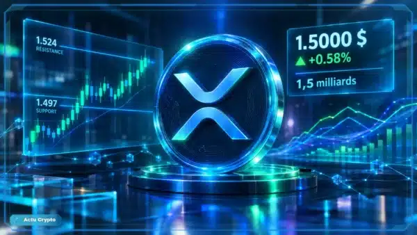 Logo XRP en trois dimensions devant un graphique de marché affichant le prix à 1,5000 $, le support et la résistance.
