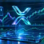 Symbole XRP holographique en 3D devant un graphique de marché avec résistance, RSI et variation positive