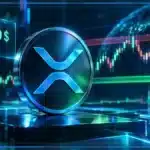 Logo XRP holographique devant un graphique baissier avec les repères de prix, volume et variation quotidienne