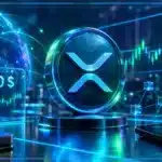 Symbole XRP en hologramme devant un graphique de trading affichant support, résistance et indicateurs macroéconomiques.