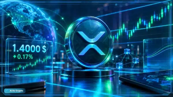 Symbole XRP en hologramme devant un graphique de trading affichant support, résistance et indicateurs macroéconomiques.