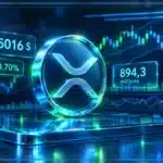 Symbole XRP en 3D devant un graphique de futures avec résistance proche, volume et variation quotidienne.
