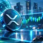 Symbole XRP en hologramme 3D au-dessus d’une tablette de trading avec graphique, zone de résistance et indicateurs de volume.