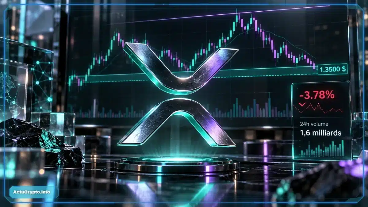 Logo XRP en relief devant un graphique de marché montrant une zone de support et une baisse quotidienne.