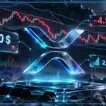 Symbole XRP holographique au-dessus d’une tablette de trading avec graphique baissier, support et indicateurs de marché.