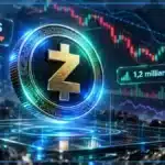 Symbole Zcash en hologramme 3D au-dessus d’une tablette de trading avec graphique baissier, RSI et zones techniques