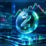 Symbole Zcash ZEC en 3D devant un graphique baissier avec niveaux de support, résistance et indicateurs techniques.