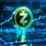 Symbole Zcash ZEC en 3D devant un graphique de marché avec niveaux techniques et hausse quotidienne