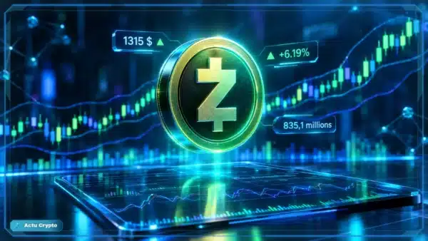 Symbole Zcash ZEC en 3D devant un graphique de marché avec niveaux techniques et hausse quotidienne