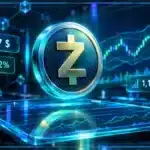 Symbole Zcash en 3D devant un graphique de marché avec résistance, RSI et hausse du ZEC