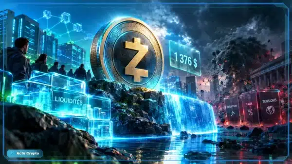 Symbole Zcash en 3D devant un graphique de marché affichant 1 369 $, une hausse de 3,19 % et une résistance proche.