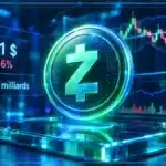 Symbole Zcash ZEC en 3D devant un graphique de marché avec zones de support et résistance