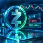 Symbole Zcash ZEC en 3D devant un graphique de marché avec support, résistance et baisse récente