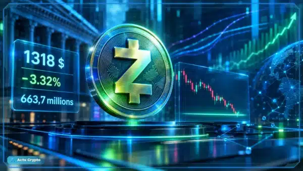 Symbole Zcash en 3D devant un graphique de marché avec le prix à 1 318 $ et une baisse de 3,32 %
